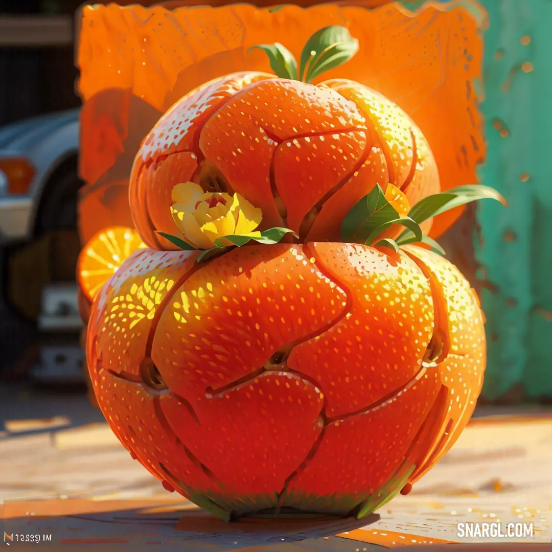 A beautiful arrangement of oranges on a table, surrounded by delicate flowers and green leaves. The vibrant colors of the fruit and floral accents create a lively, refreshing atmosphere.