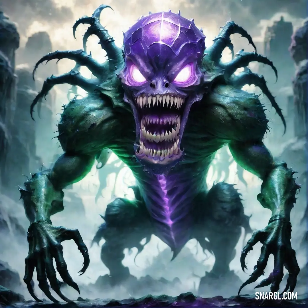 A fearsome demonic creature lurks in shadows, its piercing purple eyes gleaming ominously against a dark background. Its large, jagged teeth add a terrifying charm, creating an unforgettable presence that captivates the viewer's imagination.