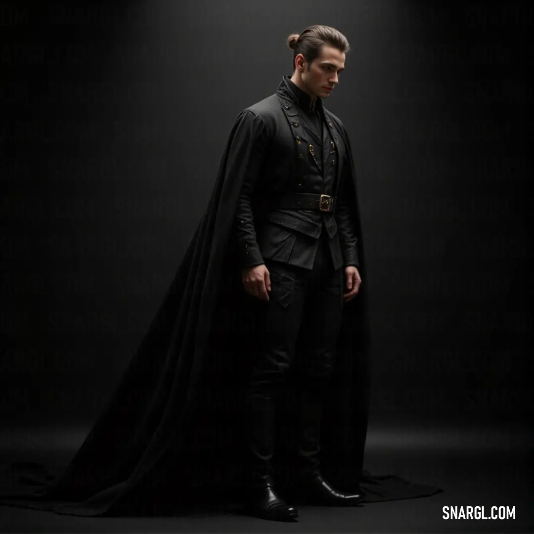 A mysterious man dressed in a classic black suit and flowing cape stands shrouded in darkness. The subtle interplay of light accentuates his silhouette, creating an aura of elegance and enigma that draws attention.