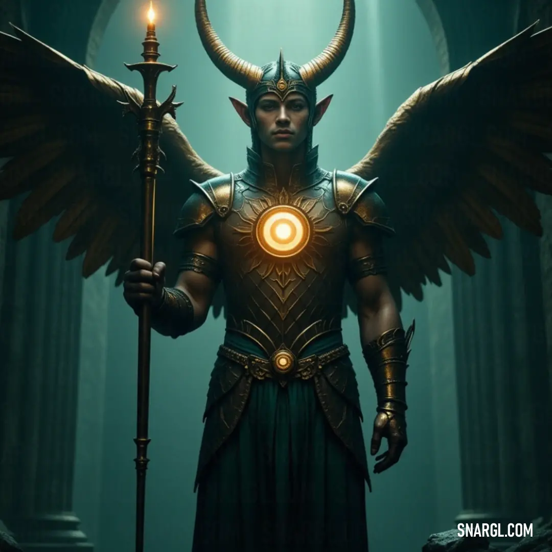 A mystical figure with majestic horns stands in a shadowy room, wielding a staff illuminated by a glowing light, surrounded by grand columns that echo whispers of ancient tales. This captivating scene is steeped in an ambiance of mystery and intrigue.