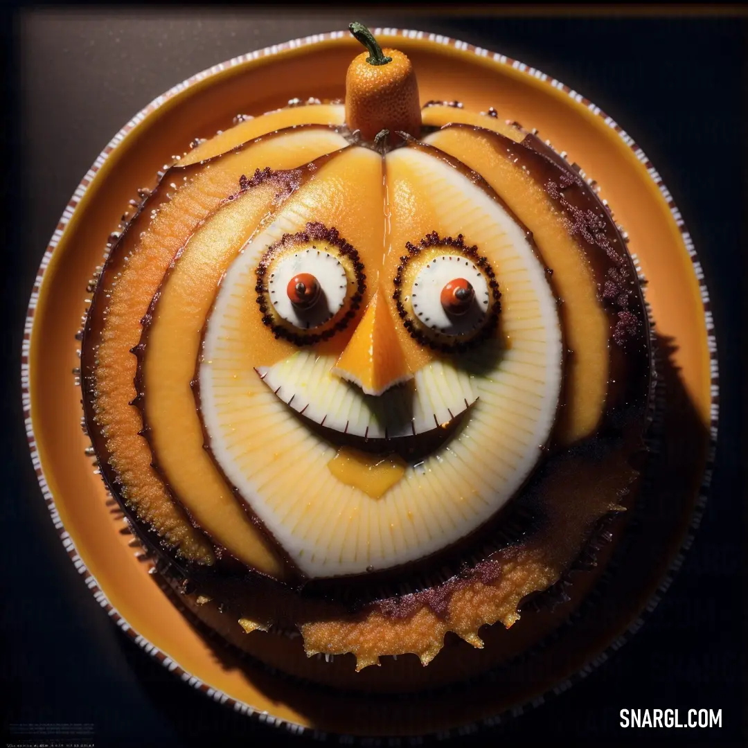 A creative pumpkin with a face made of fruit, sitting on a plate with a dark backdrop. The vibrant fruit adds a playful touch, creating an imaginative and unique scene.