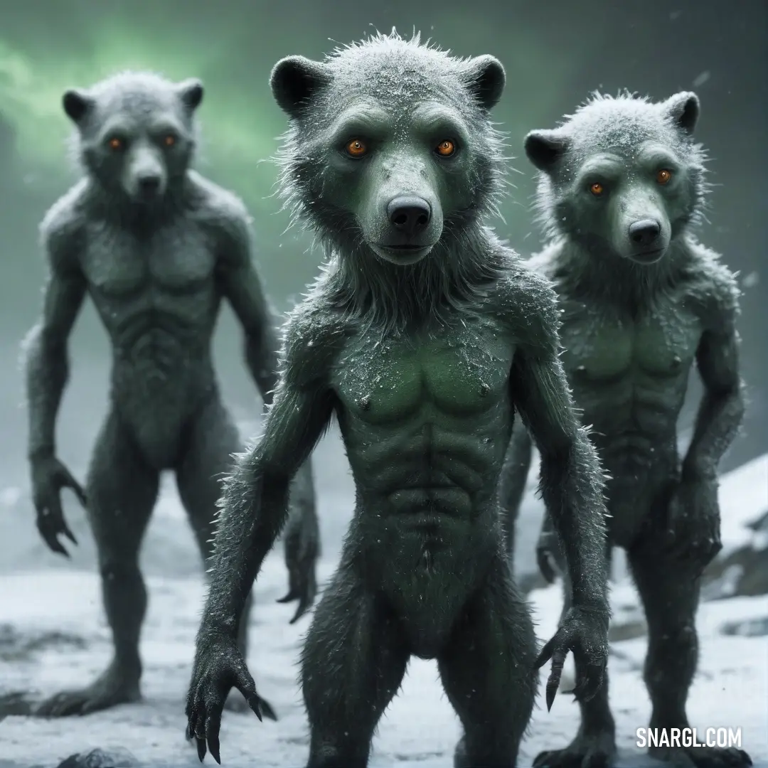 Three intriguing alien-like beings gather in a snow-covered expanse, their bright, glowing eyes reflecting the icy surroundings. They appear to be in a moment of contemplation, suggesting an otherworldly intelligence within their forms.