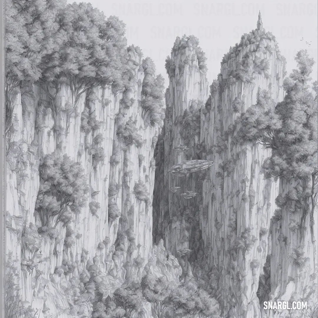 PANTONE Cool Gray 10 color. Drawing of a mountain landscape with trees and rocks in the foreground
