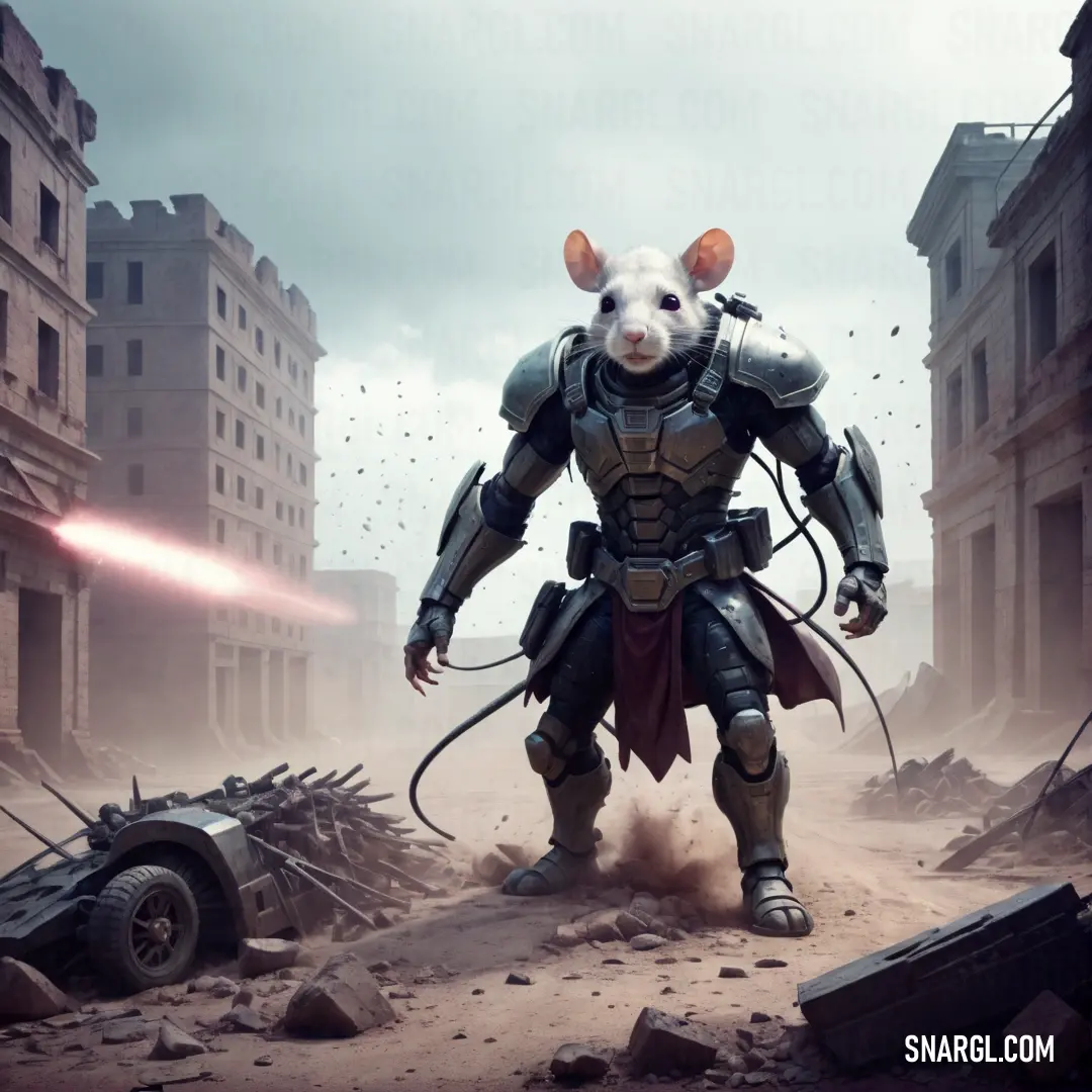 Rat in a futuristic suit standing in a destroyed city with a laser gun in its hand. Example of #66676C color.