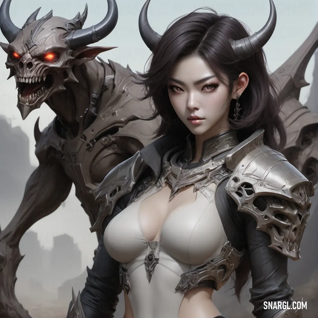 Woman with horns and a demon like outfit is standing in front of a demonic creature with horns on her head. Example of RGB 102,103,108 color.