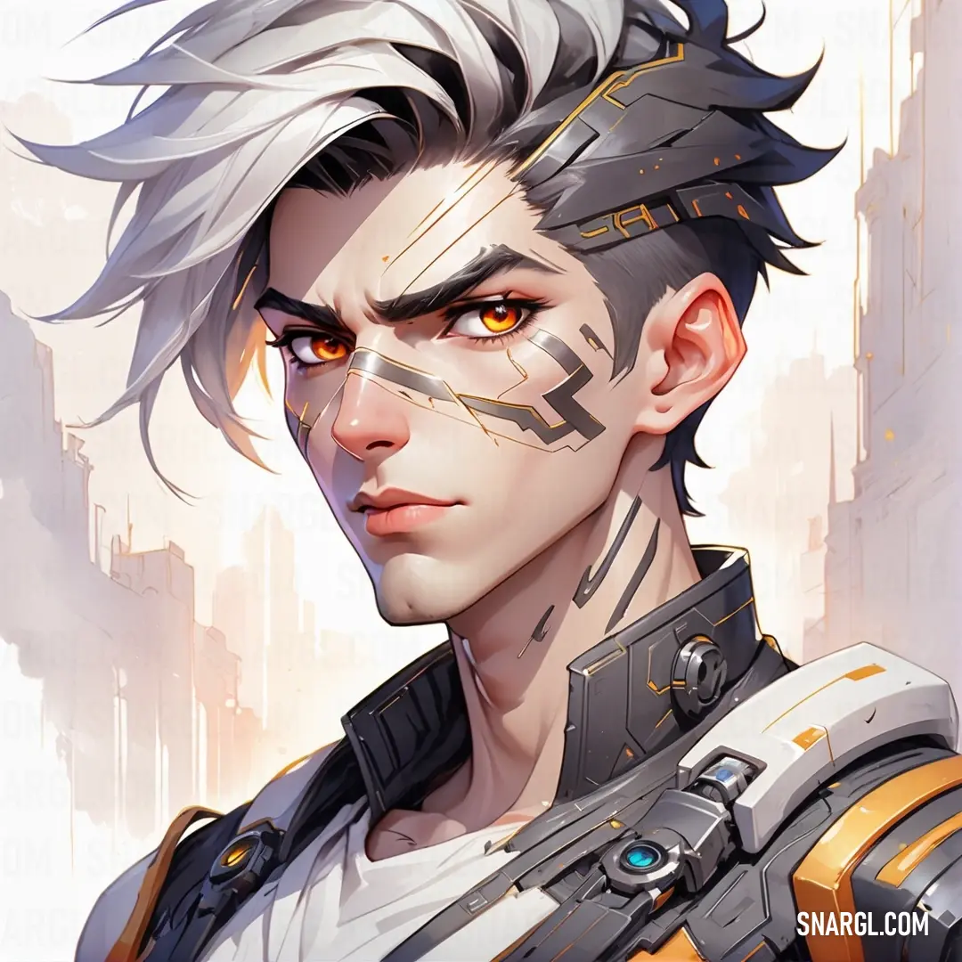Man with a futuristic look and a white hair and orange eyes is looking at the camera with a city in the background