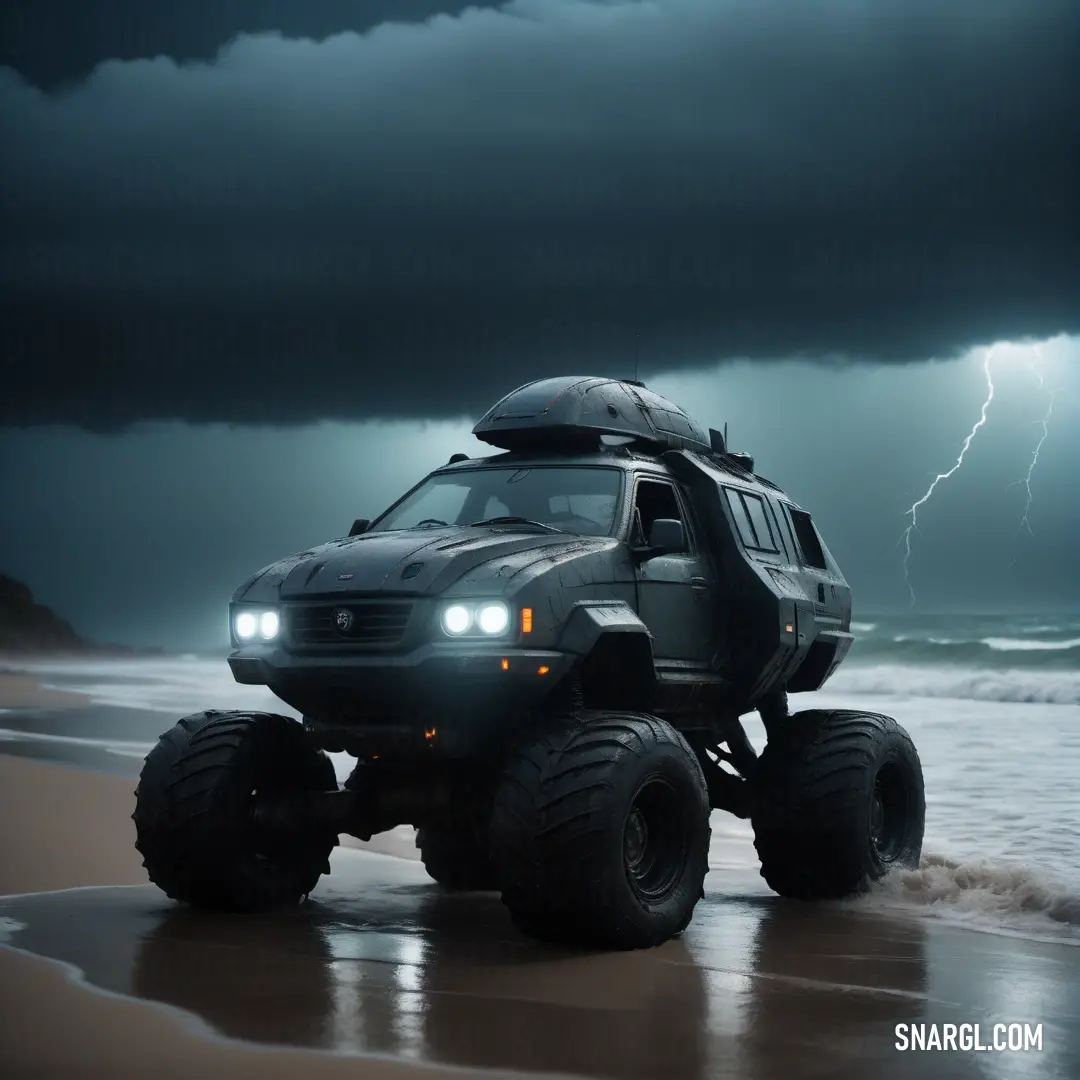 Monster truck driving on a beach under a storm filled sky with lightning in the background. Example of #55565B color.