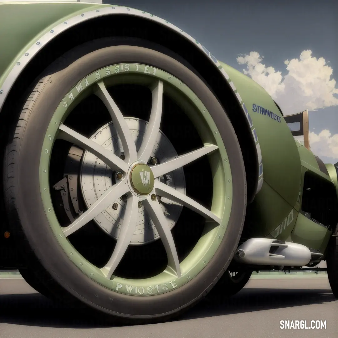 Green car with a white wheel and a sky background. Example of RGB 214,214,210 color.