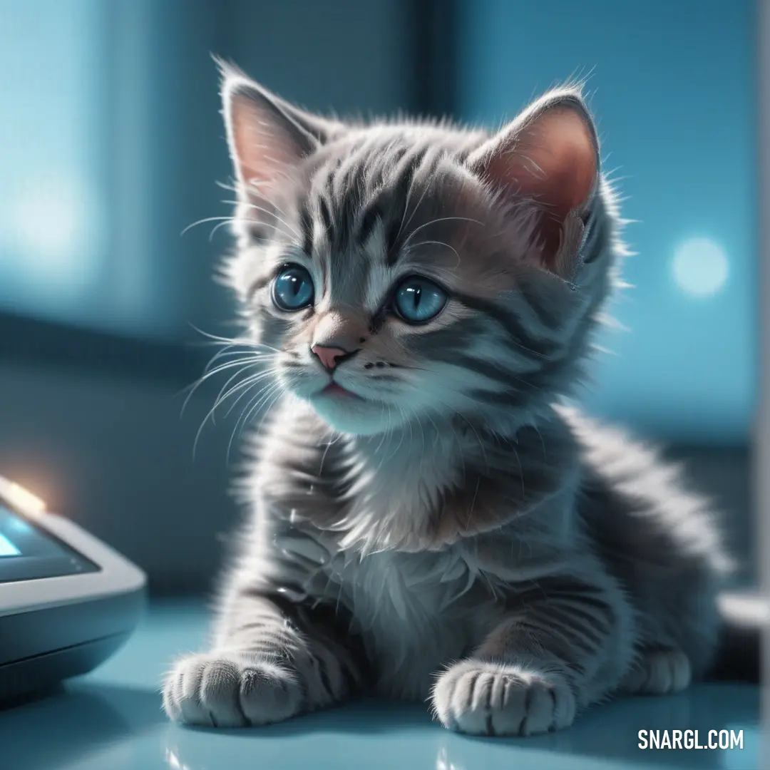 PANTONE Cool Gray 2 color example: Kitten on a table next to a cell phone and a mouse on a desk with a window in the background