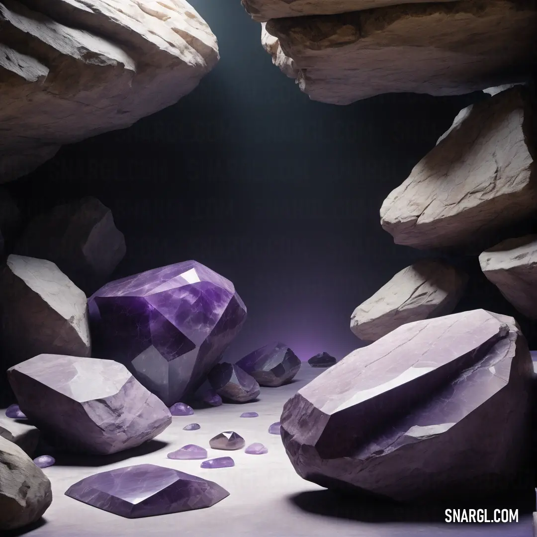 Purple rock formation with rocks and rocks around it and a light shining down on it. Example of #D6D6D2 color.