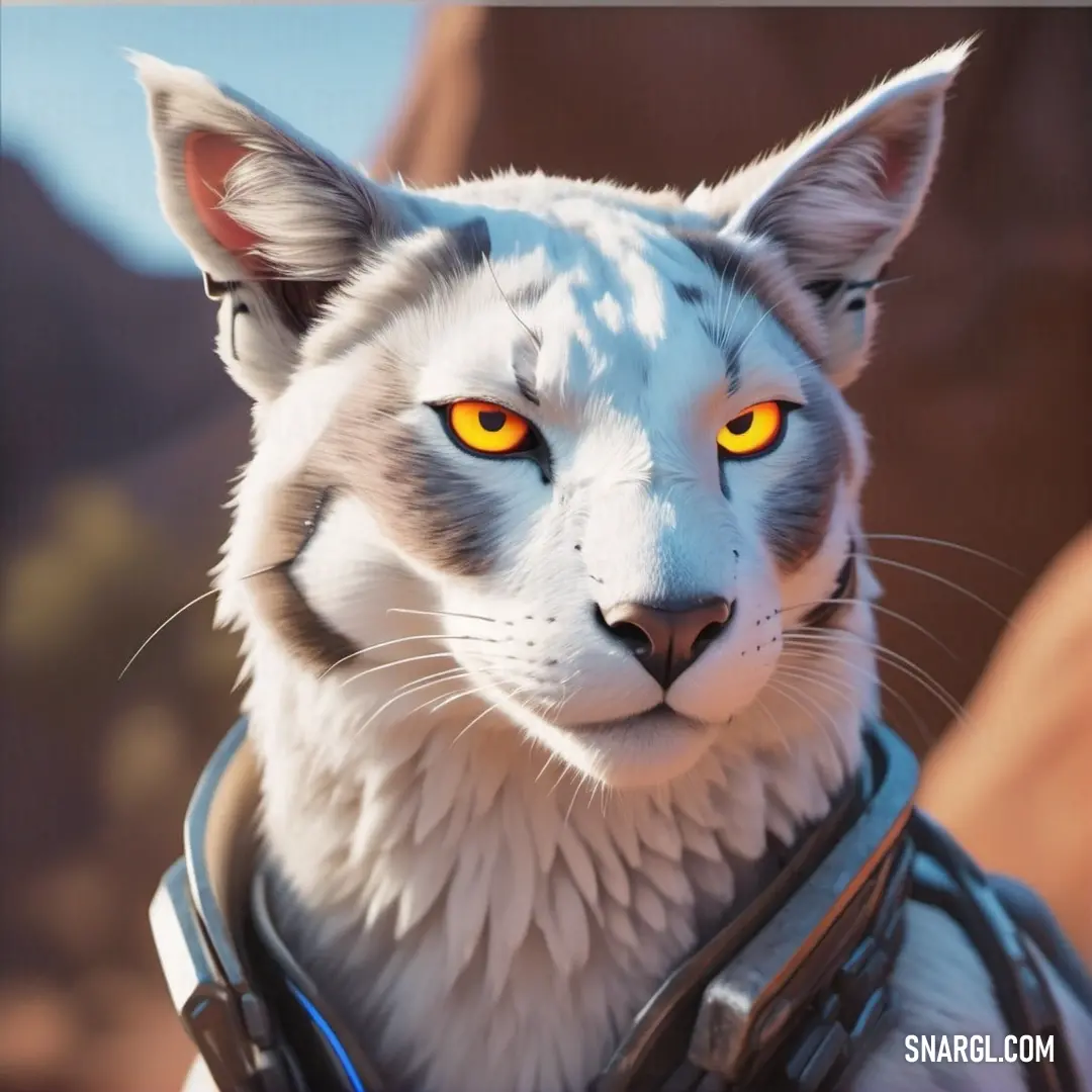 PANTONE Cool Gray 2 color. White cat with yellow eyes and a harness on it's neck, with a mountain in the background