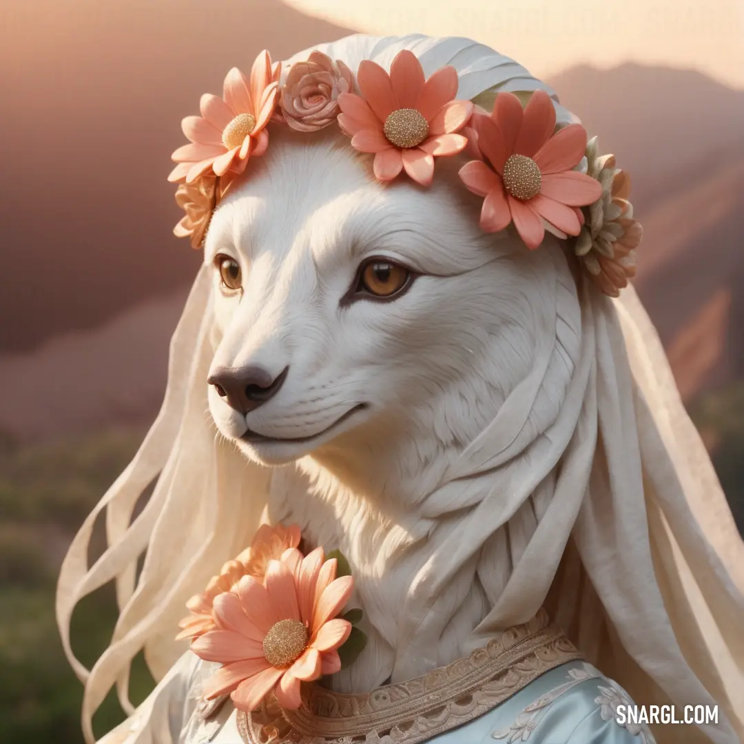 White dog with flowers in its hair and a dress on it's head and a mountain in the background. Color RGB 202,202,199.