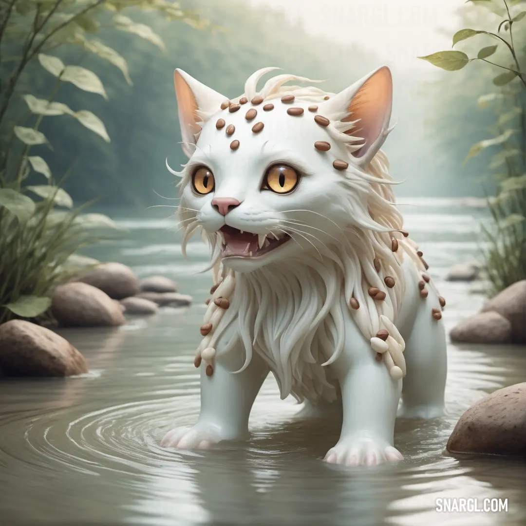 White cat with yellow eyes standing in a river with rocks and plants around it. Example of RGB 202,202,199 color.