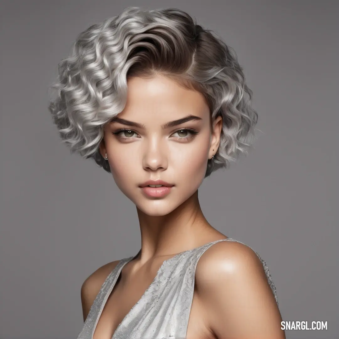 Woman with a short grey haircut and a silver dress on a gray background. Example of #CACAC7 color.