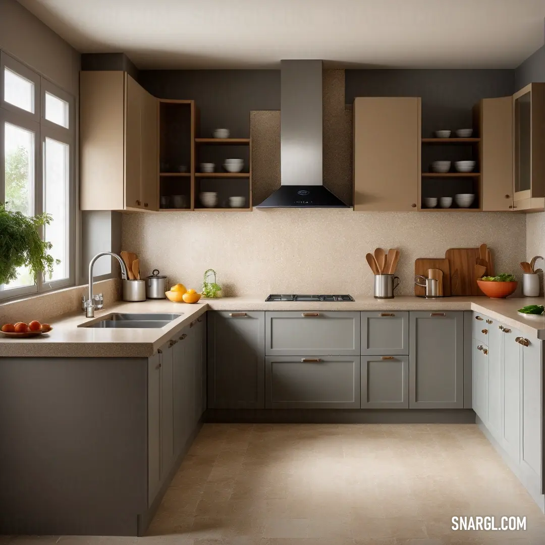 PANTONE Cool Gray 4 color. Kitchen with a sink, stove