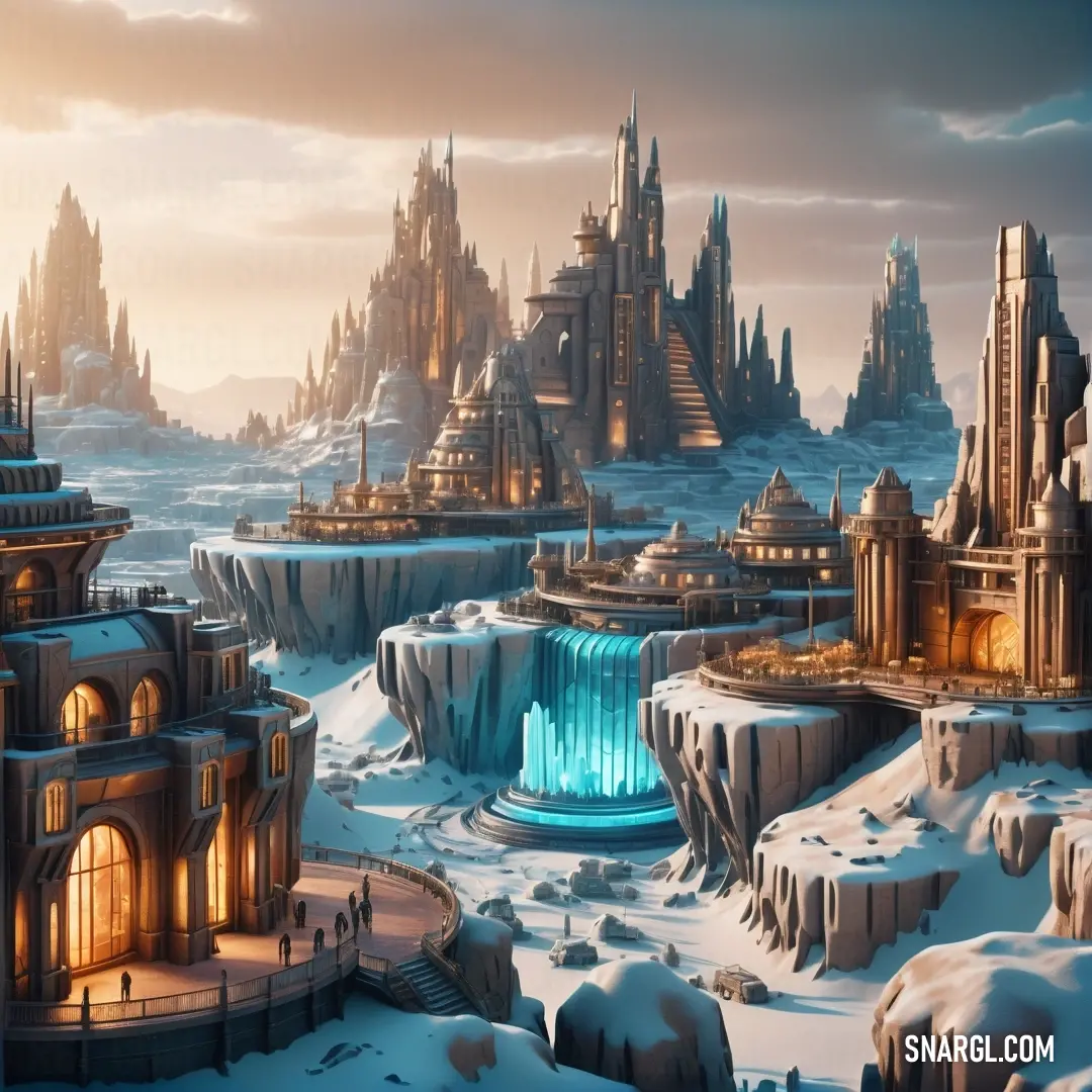 Futuristic city with a fountain surrounded by snow covered mountains and ice - covered hills. Color CMYK 16,11,11,27.