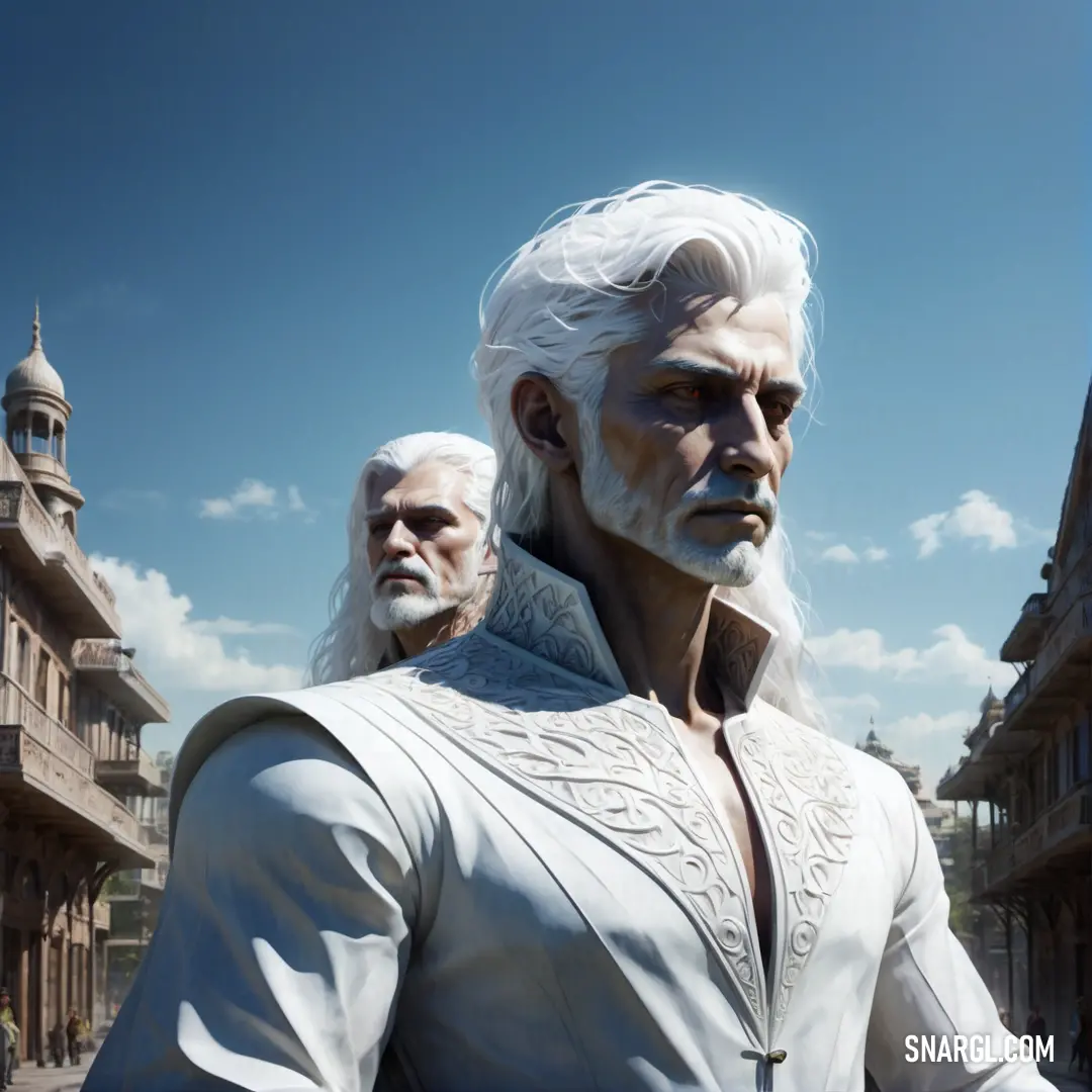 Man with white hair and a beard standing next to another man in a white outfit in a city. Color RGB 174,174,174.