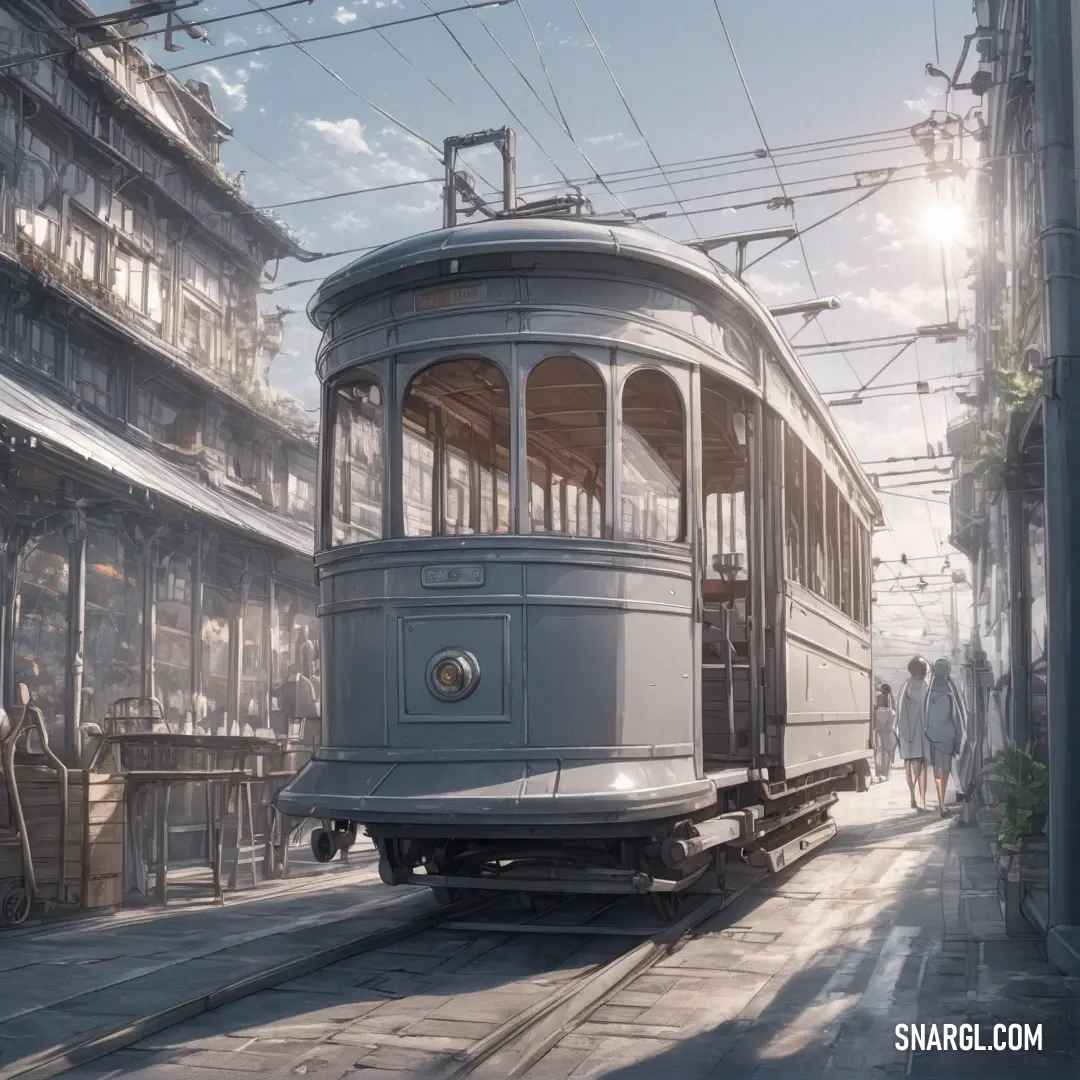 Trolley car is on the tracks in a city setting with people walking on the sidewalk and a building in the background