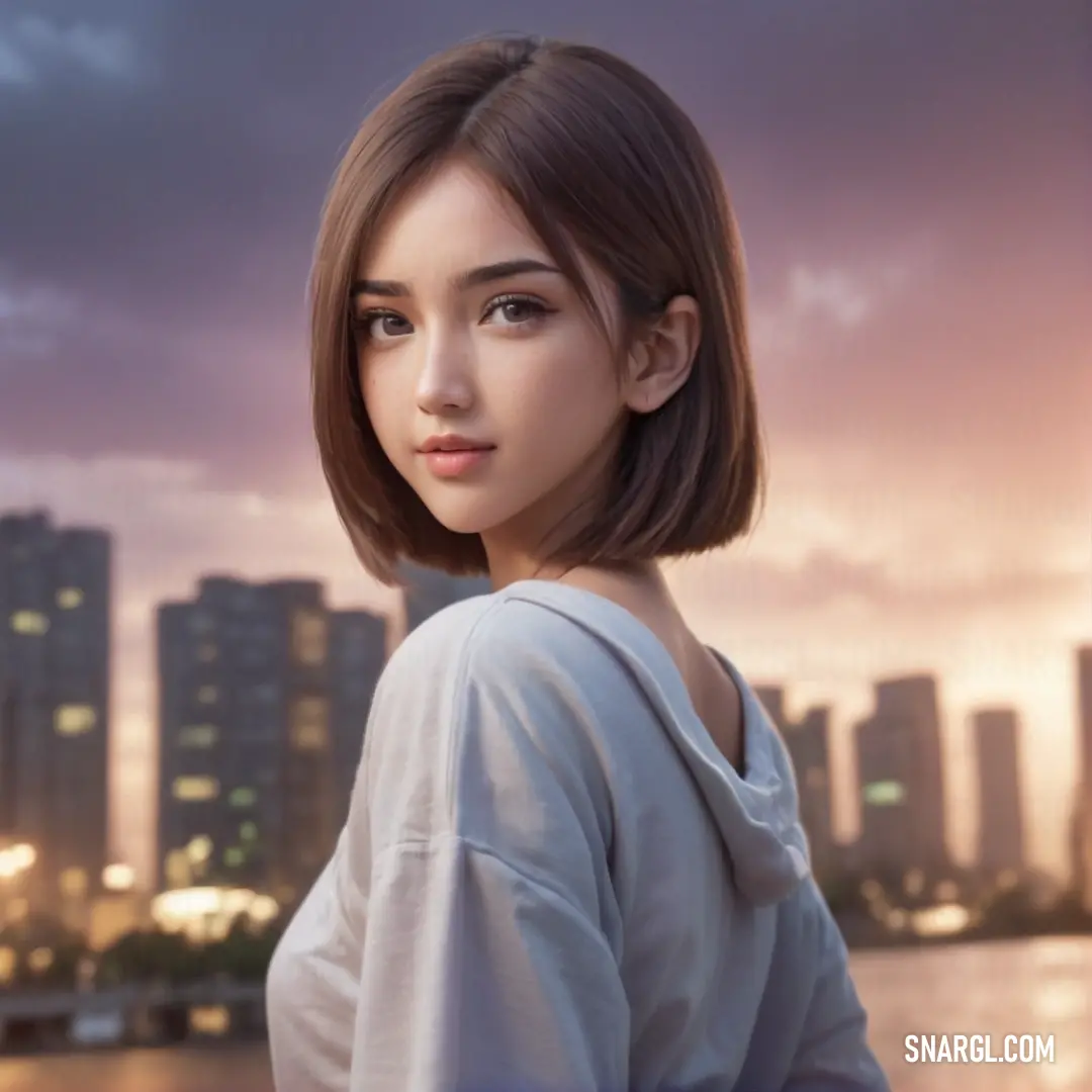 PANTONE Cool Gray 6 color example: Woman with a short haircut standing in front of a city skyline at night