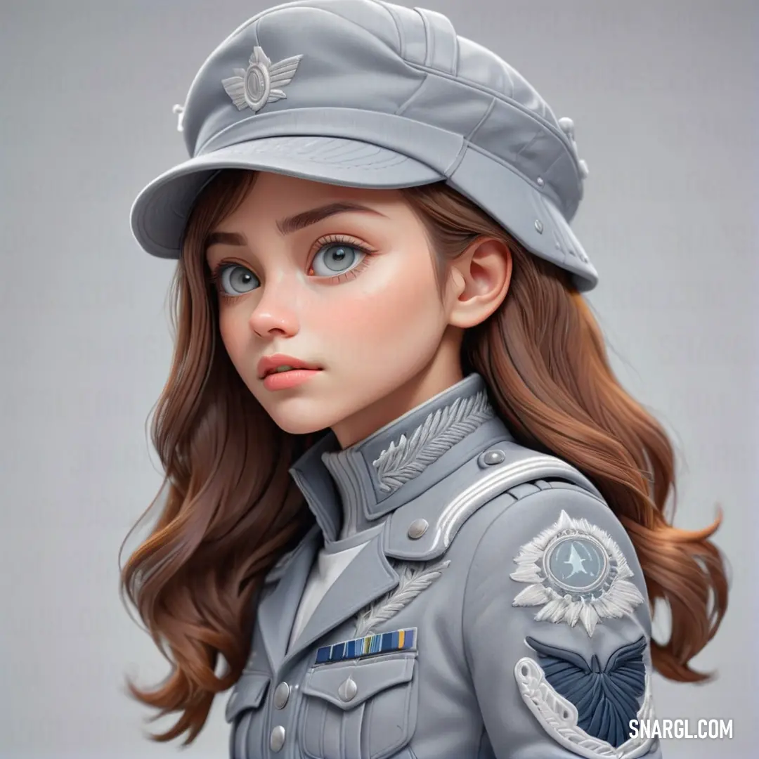 Digital painting of a woman in a uniform with a hat on her head and a blue background. Color PANTONE Cool Gray 7.