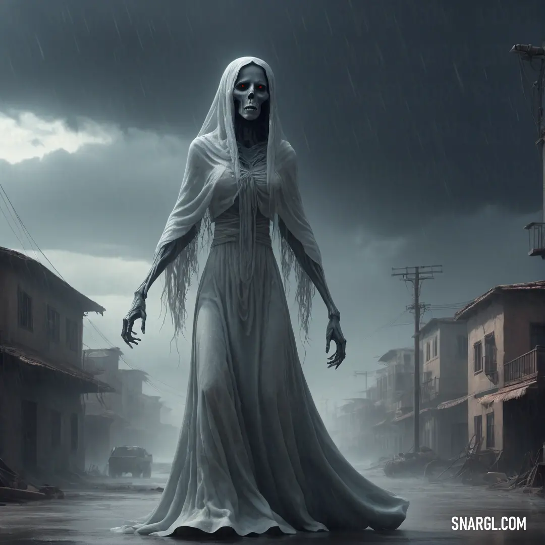 Ghost in a white dress walking through a street in the rain with a black umbrella over her head. Example of RGB 143,144,146 color.