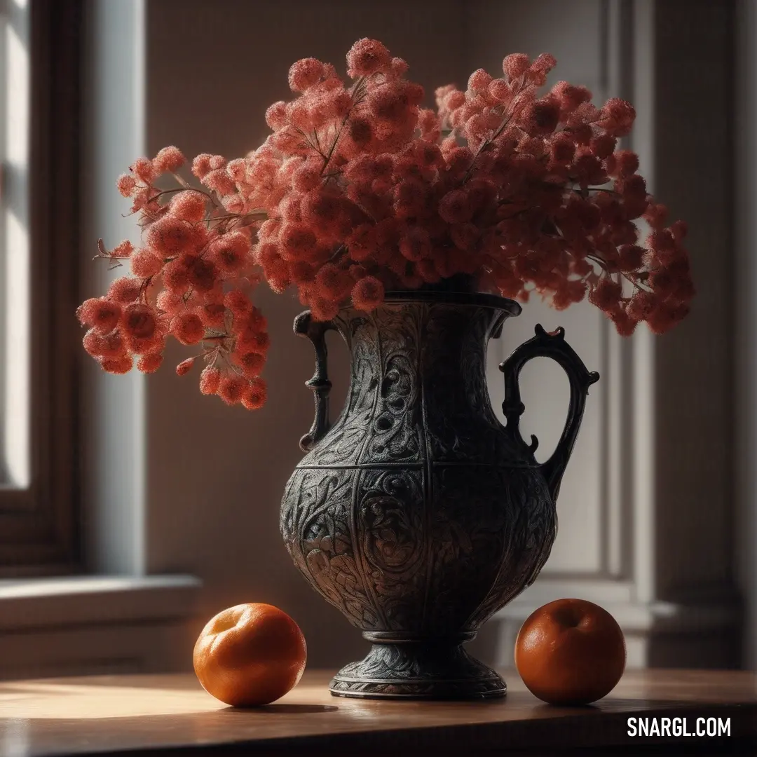 Vase with some flowers and some oranges on a table next to a window sill. Color PANTONE Cool Gray 8.