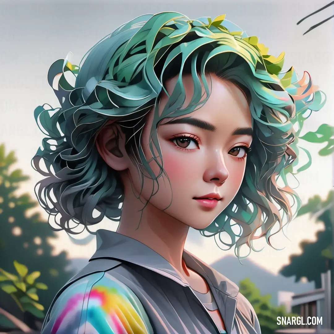 Digital painting of a woman with green hair and a rainbow shirt on her shoulders and a tree in the background. Color CMYK 30,22,17,57.