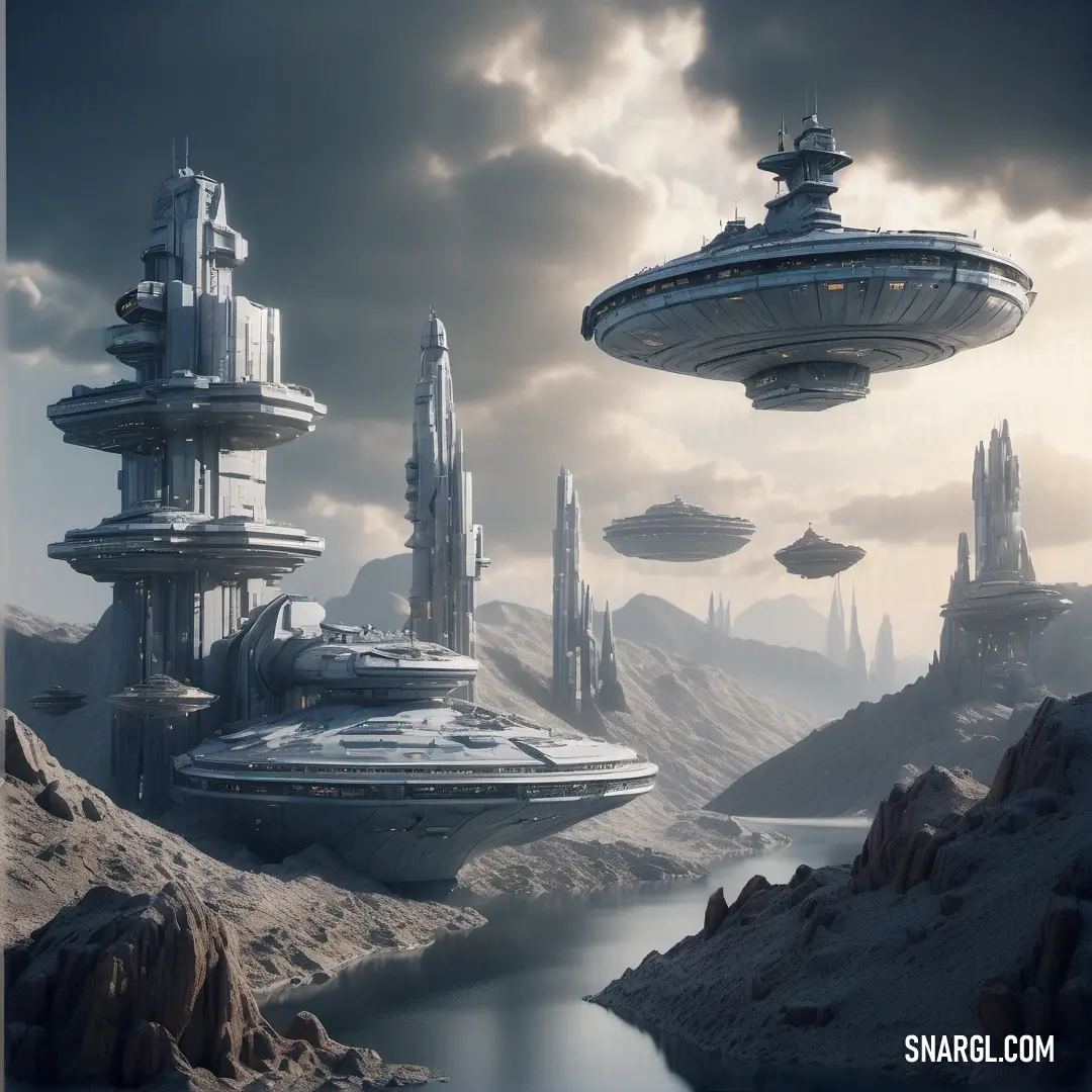 Futuristic city with a lot of ships floating in the air. Example of PANTONE Cool Gray 9 color.
