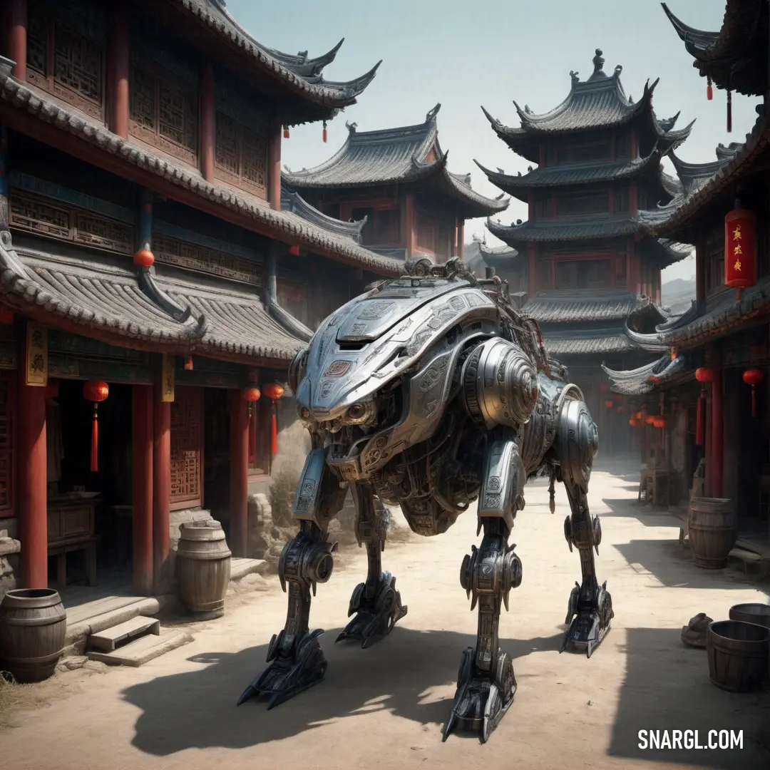 Robot dog in a chinese courtyard with oriental buildings in the background. Color RGB 122,123,126.