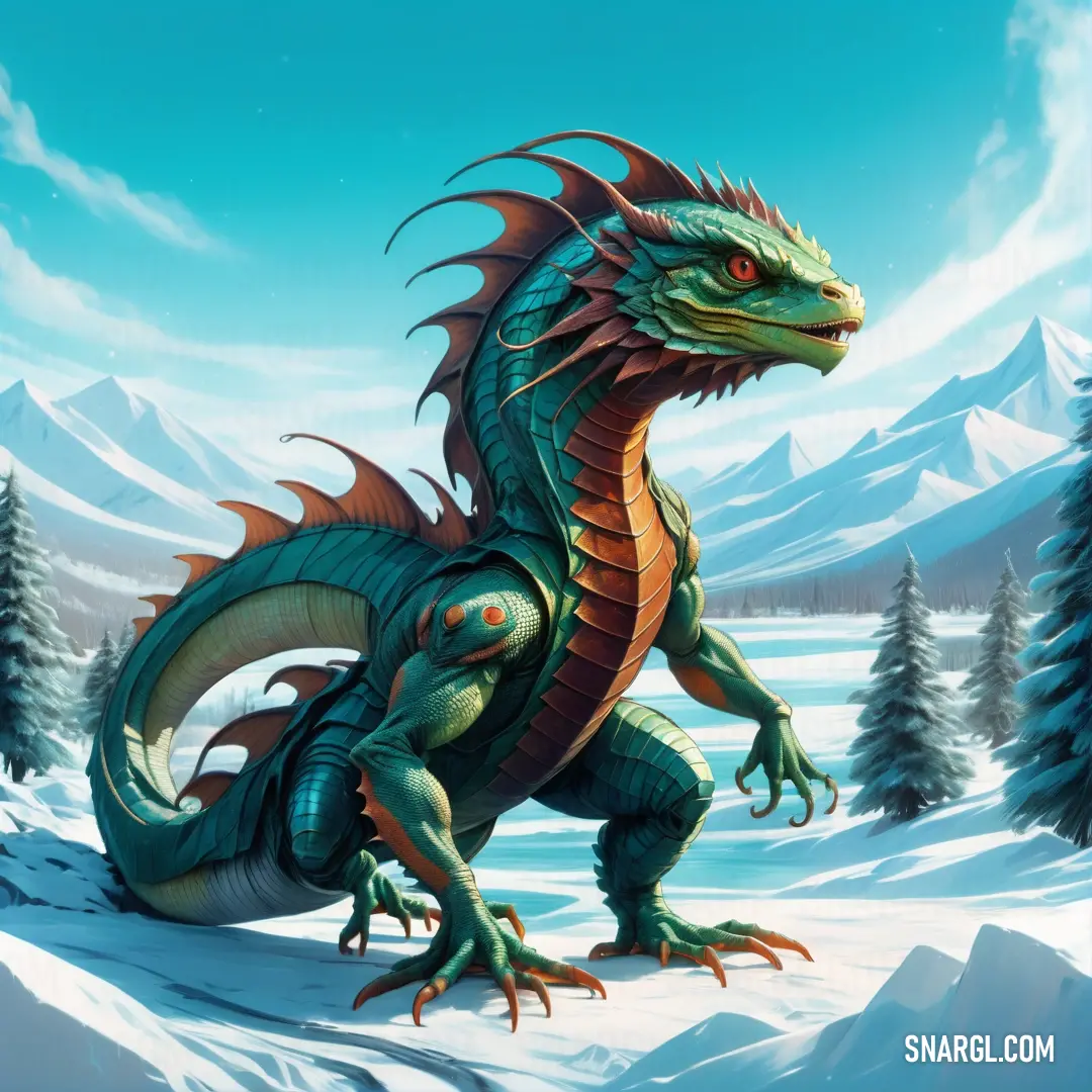 Green dragon standing in the snow with mountains in the background. Color #00A079.