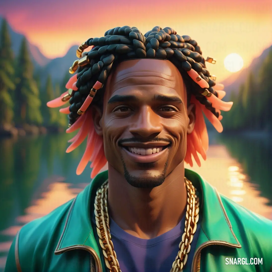 Man with a dreadlocks on his head and a green jacket on his shoulders and a lake in the background. Example of CMYK 93,0,63,0 color.