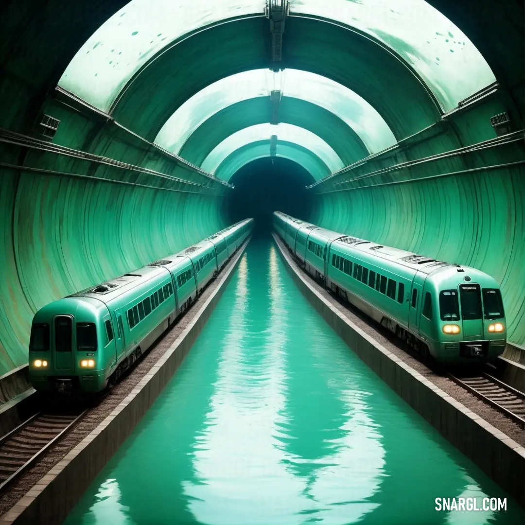 Two trains are going through a tunnel with water in the foreground. Color PANTONE Green.