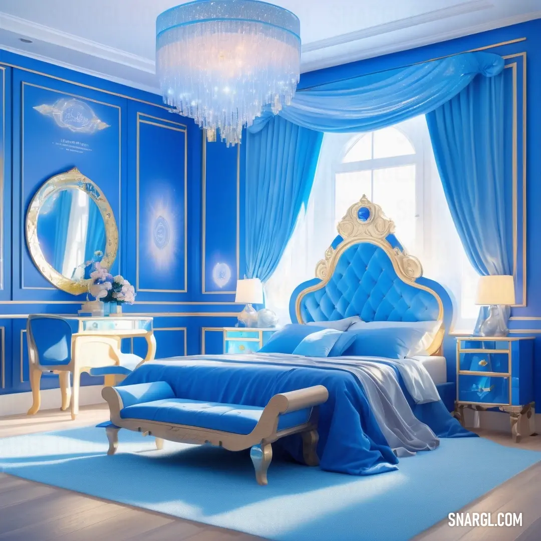 A cozy bedroom bathed in stunning blue hues featuring a plush blue bed framed by matching headboards, and an elegant chandelier overhead, all combining to form a peaceful sanctuary perfect for relaxation.