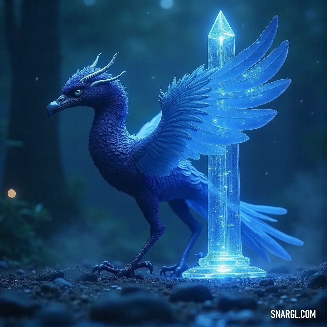 A captivating blue bird statue perches gracefully against a stunning backdrop featuring a crystalline tower, glowing under the sun, evoking a sense of fantasy and wonder in this magical setting.