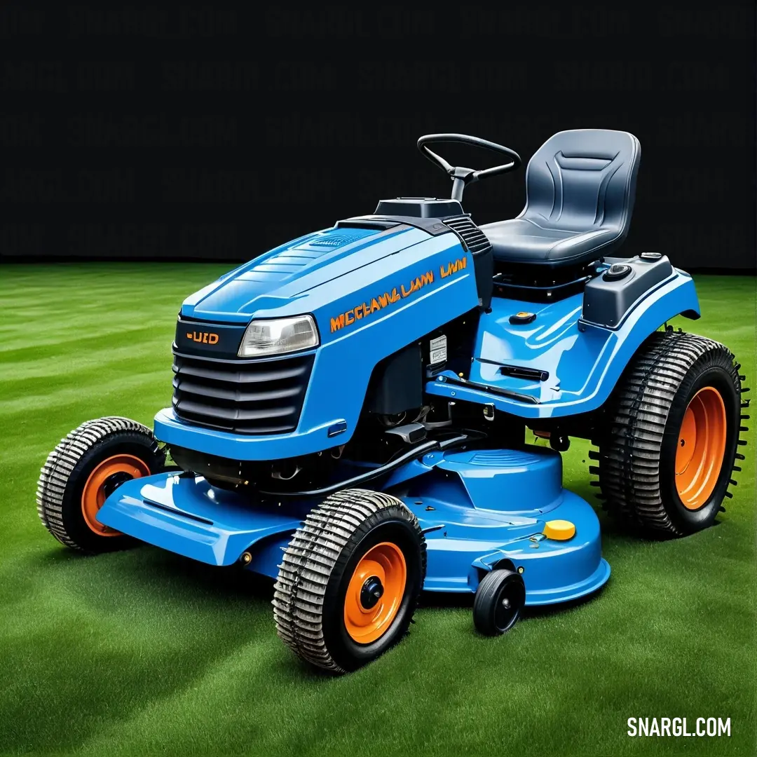 A vibrant blue lawn mower contrasts beautifully against a lush green field, with a deep black background emphasizing its striking color and the essence of outdoor life and gardening.