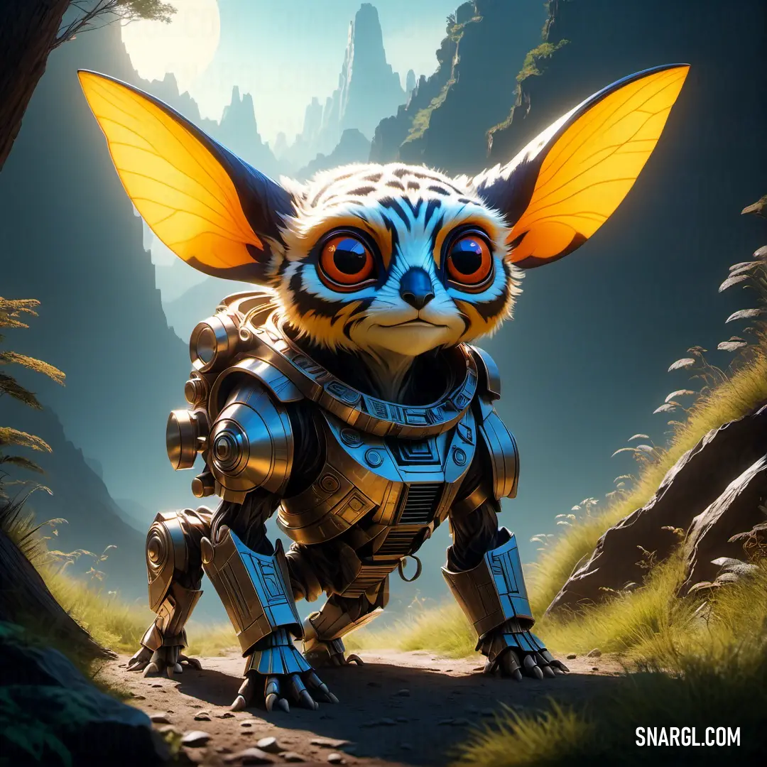 An imaginative cartoon character clad in a futuristic, filth-proof suit stands confidently on a trail, with an enchanting mountain backdrop, evoking a sense of adventure.