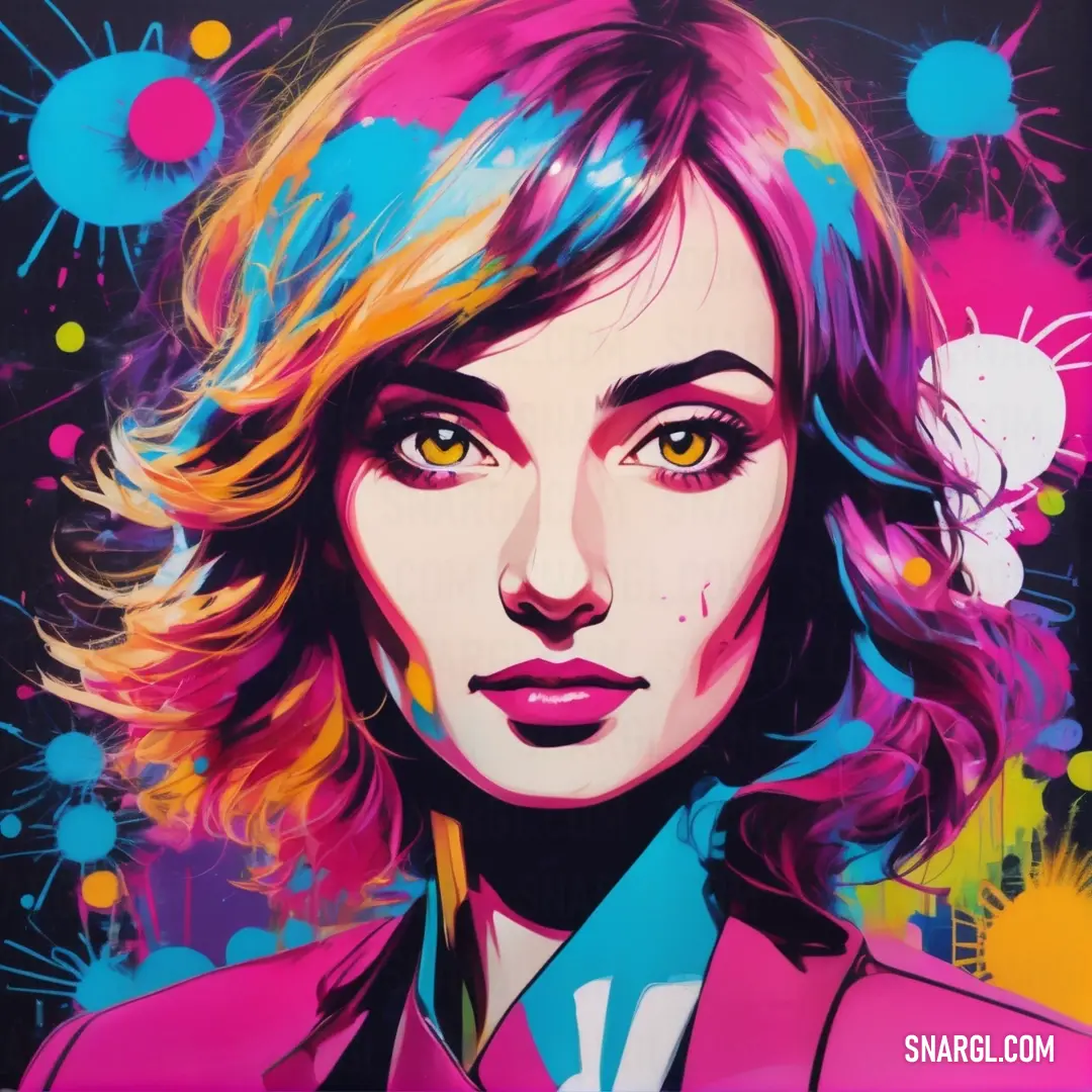 Painting of a woman with colorful hair and blue eyes and a pink jacket on her shirt. Color RGB 0,139,204.