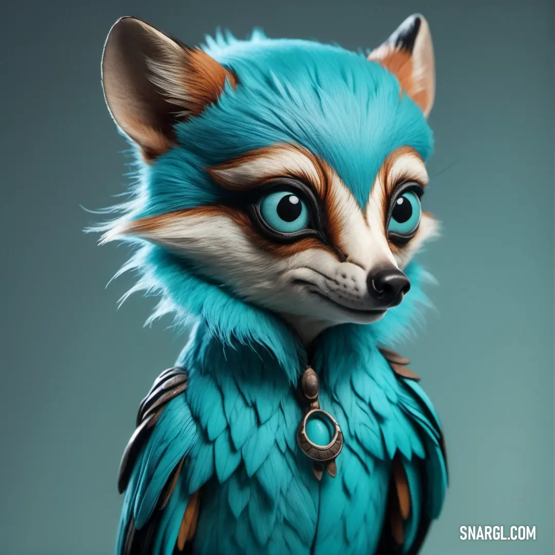 A cheerful blue and brown fox with expressive eyes wears a stylish collar, exuding a playful spirit against a backdrop of natural beauty and curiosity.