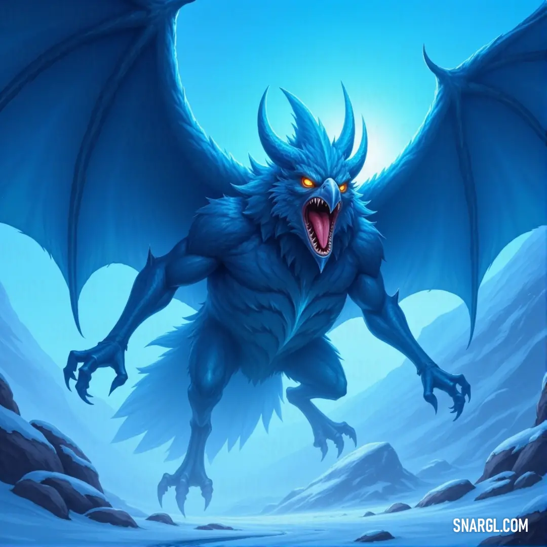 A magnificent blue dragon, with its large wings unfurled, rests majestically in a snowy landscape, with a towering mountain in the background, embodying both elegance and untamed power in its stance.