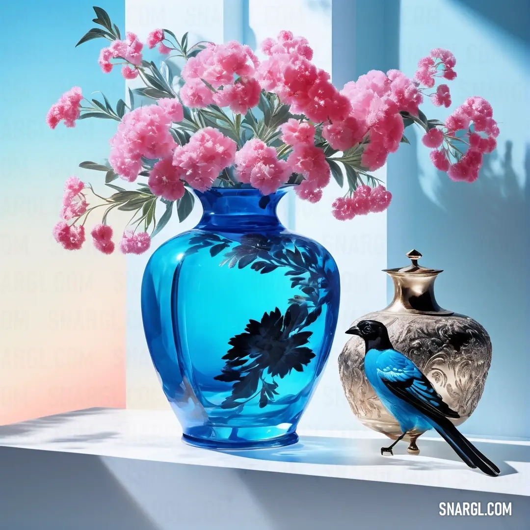 A stunning blue vase proudly displays a bouquet of delicate pink flowers, while a charming bird perches on a ledge nearby, adding a whimsical touch to this serene scene filled with vibrant colors and tranquil vibes.