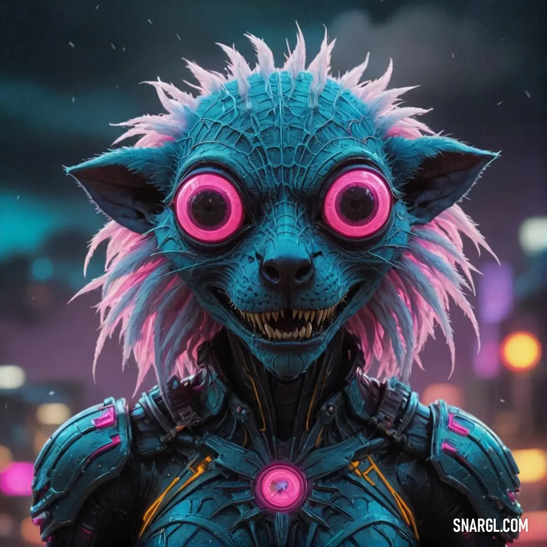 A mysterious creature with striking pink eyes dons an elaborate futuristic suit, standing against a sprawling urban skyline that glows with neon lights. This scene captures an otherworldly blend of technology and imagination, inviting viewers into a vibra