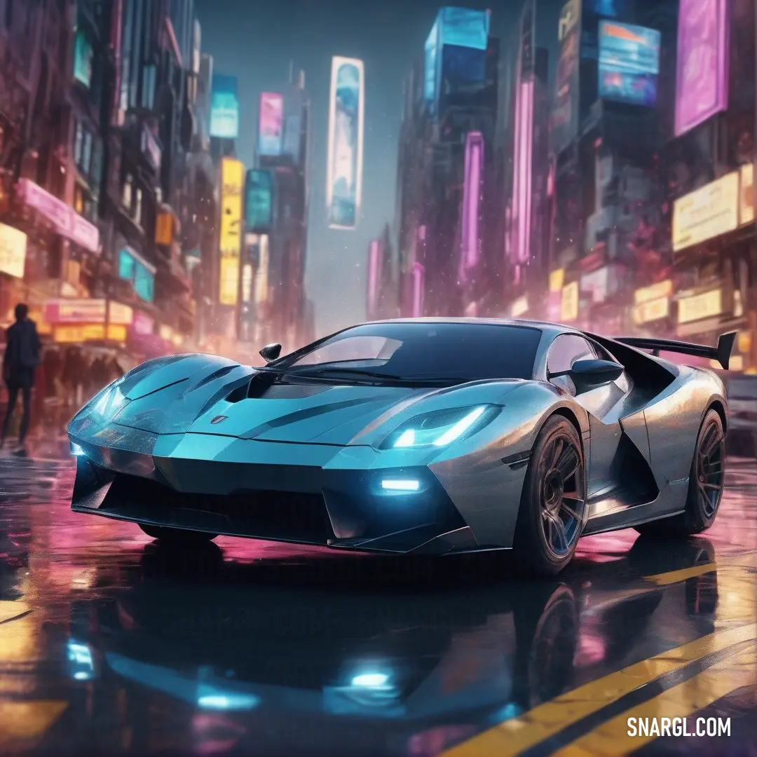 Futuristic car driving through a city at night with neon lights on the buildings and people walking around it. Example of RGB 0,139,204 color.