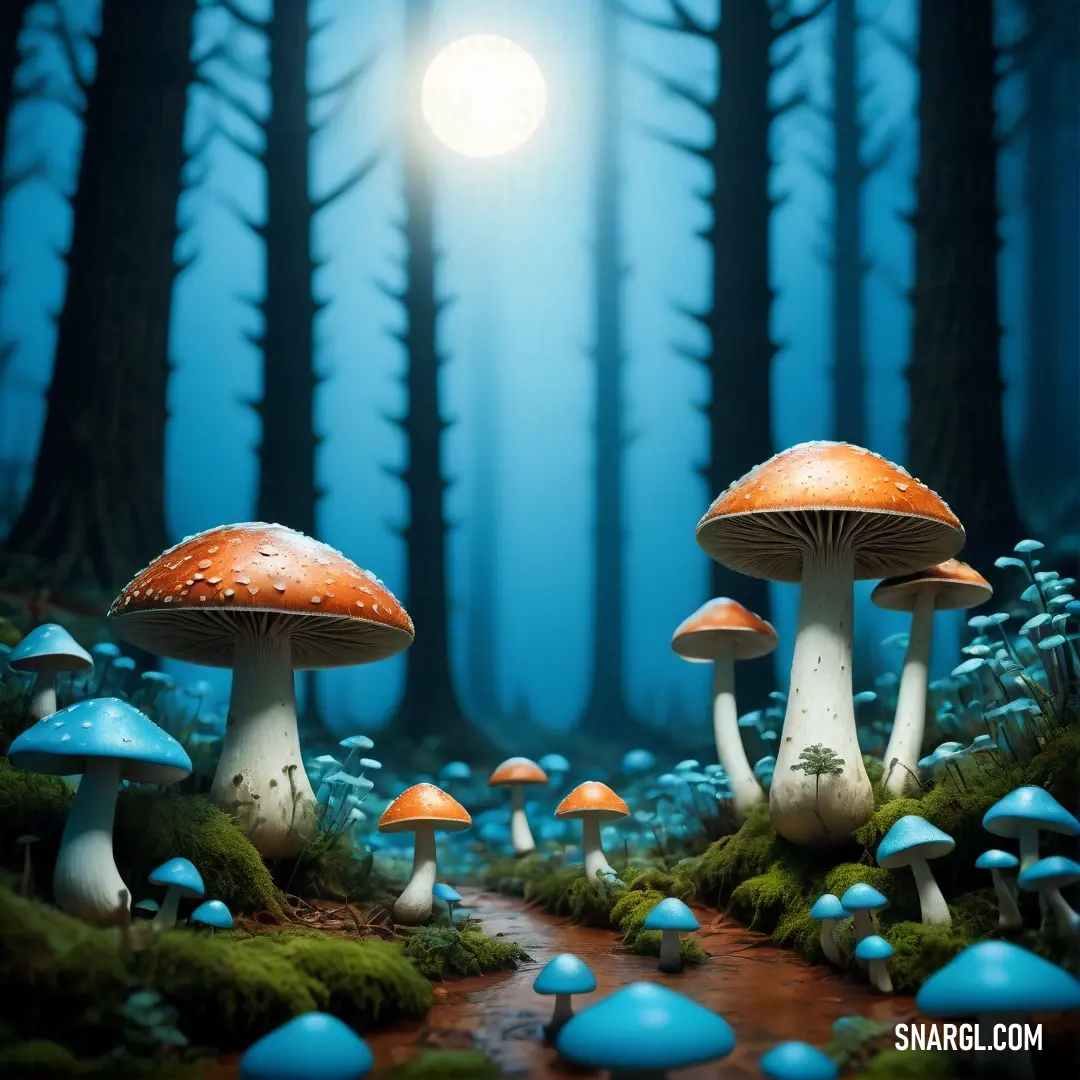 PANTONE Process Blue color. Group of mushrooms in a forest with a sun in the background