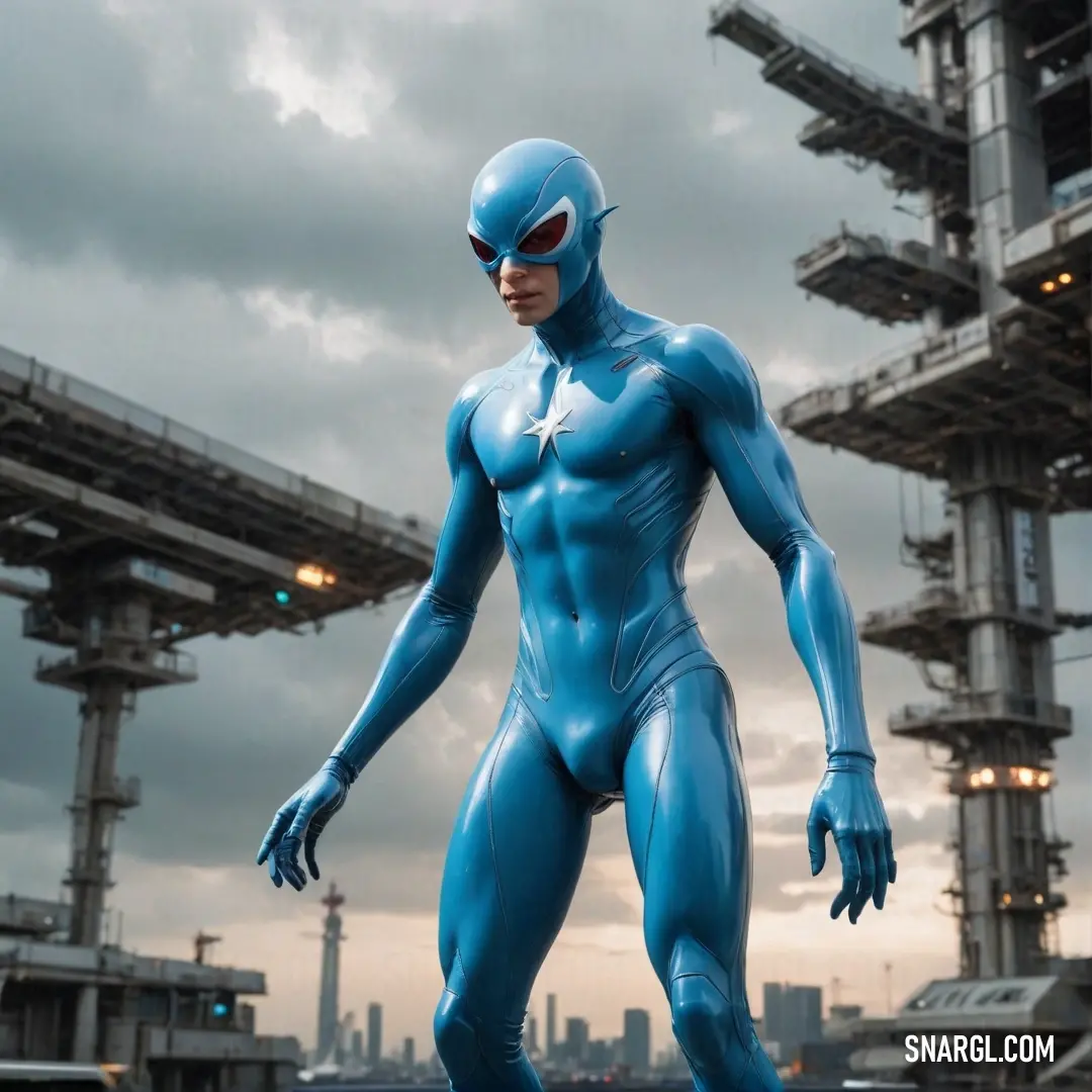 A distinguished man in a suave blue suit stands confidently in front of a contemporary building, accented by an expansive sky that showcases the refreshing PANTONE Process Blue color, creating a sophisticated and elegant atmosphere.