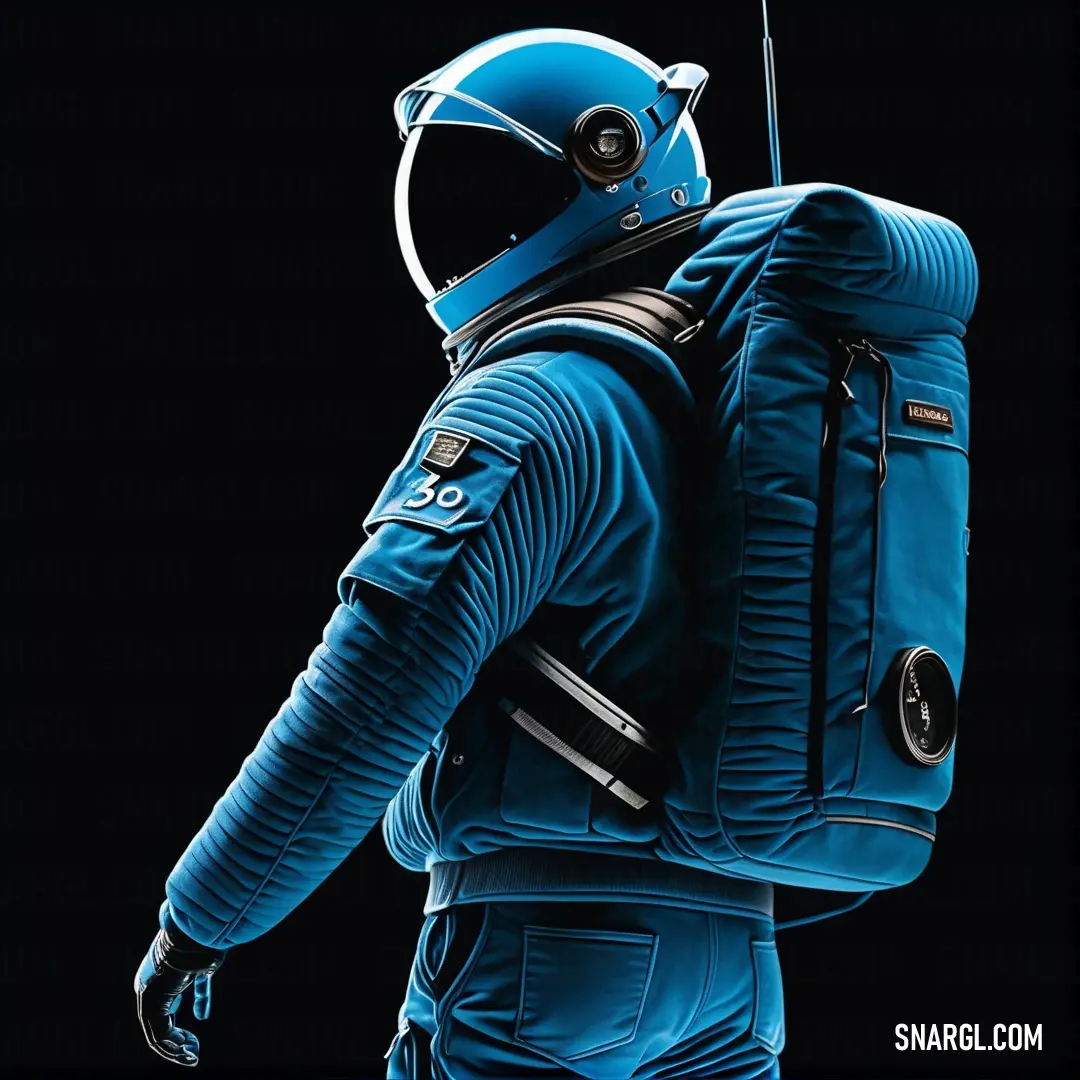 Man in a blue suit and helmet with a backpack on his back. Color PANTONE Process Blue.