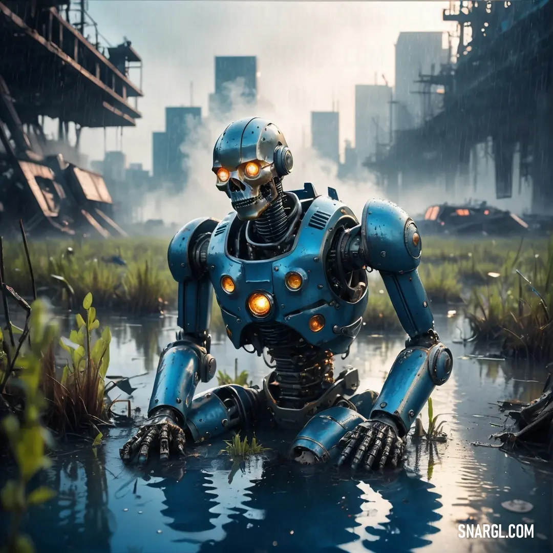Robot in a body of water in front of a city skyline with tall buildings. Color PANTONE Process Blue.