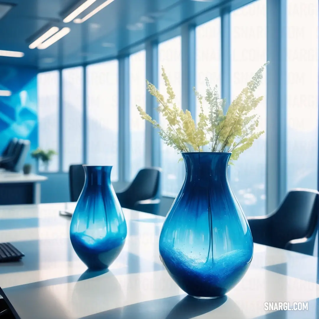 A stylish table adorned with two elegant vases, one bursting with vibrant blooms, and a sleek computer resting beside a thriving plant. A modern keyboard adds a techy touch, perfectly complementing the serene ambiance of the setting.