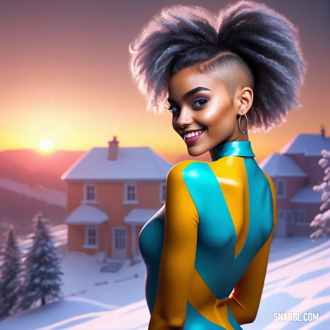 Woman with a very long hair standing in the snow in front of a house with a sunset behind her. Example of CMYK 100,13,1,2 color.