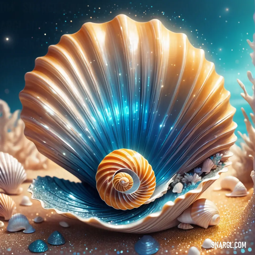 A delicately crafted seashell with a vivid blue hue sits gracefully beside a charming starfish, infusing the composition with the essence of ocean treasures and vibrant coastal colors.