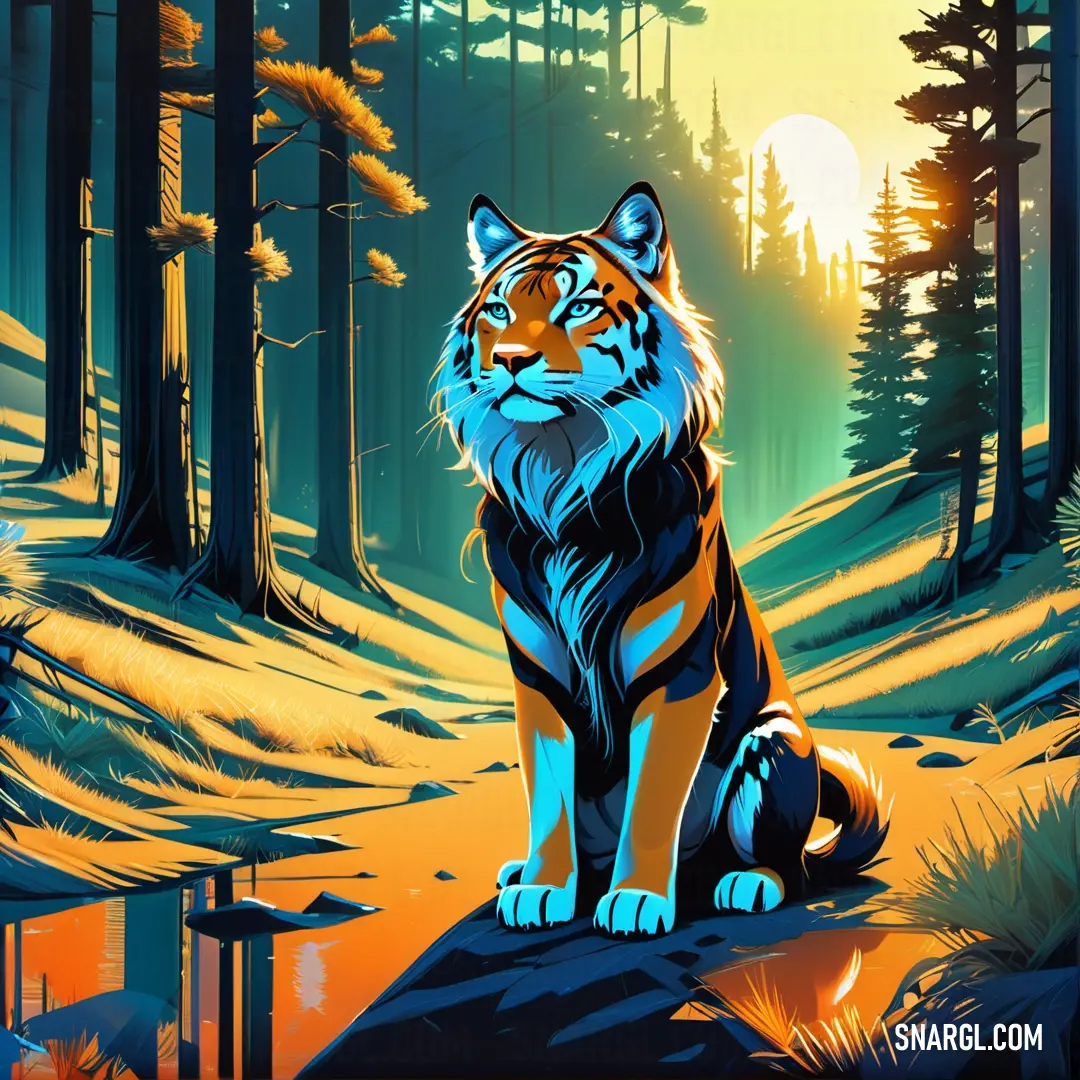 A majestic tiger rests atop a rock amidst a forest, illuminated by the golden sun filtering through the trees, illustrating the beauty of nature's palette at sunset.